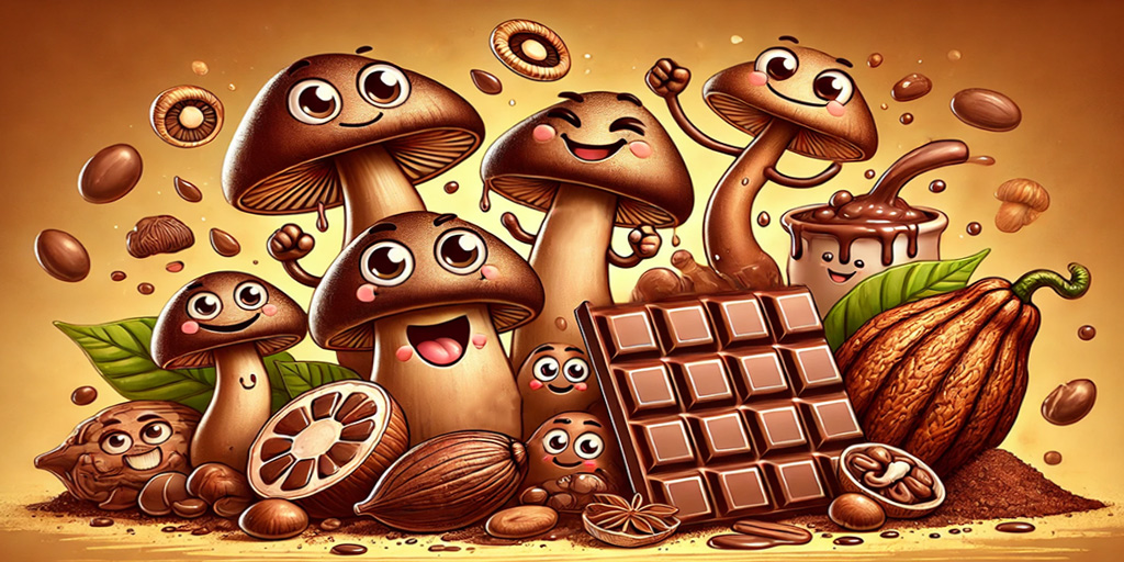 A cartoon of mushrooms and cacao illustrating their combination.