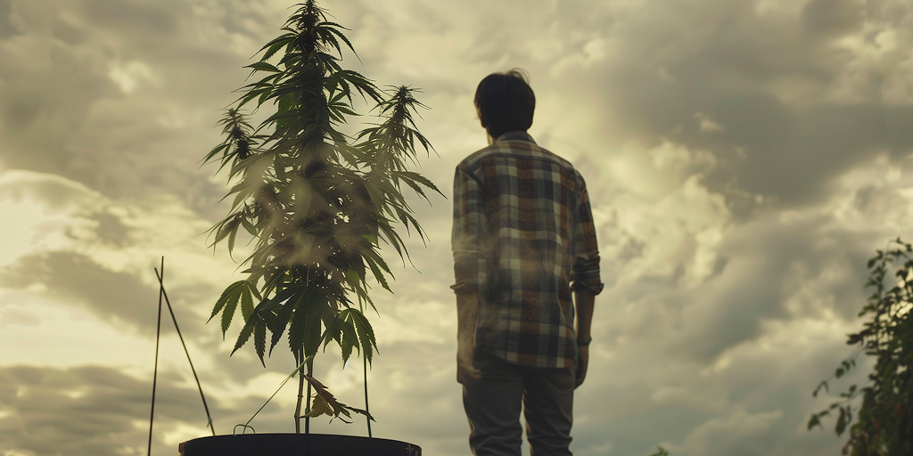 A man looking at a giant cannabis plant.