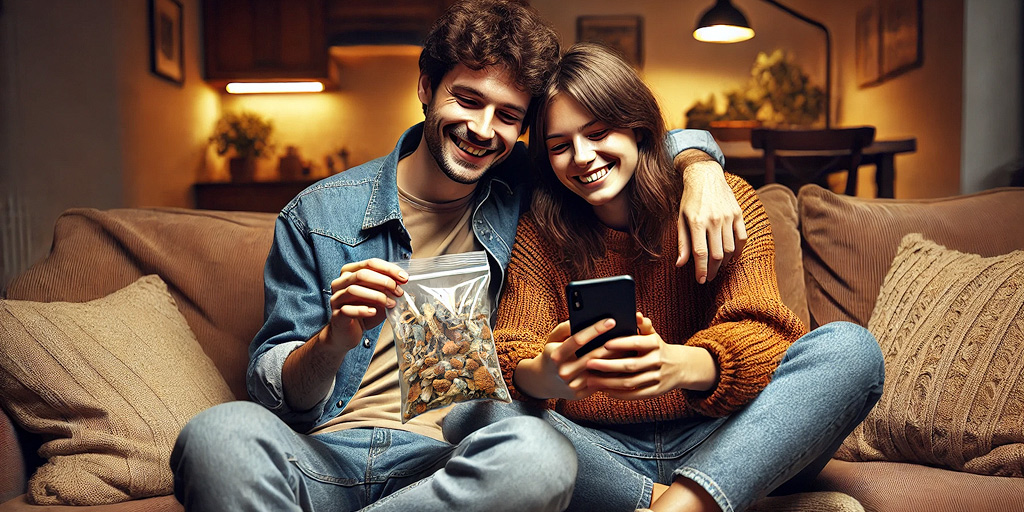 A couple calculates the dosage for mushrooms using a smartphone.