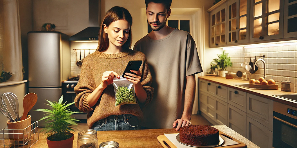 A young man and woman are calculating the amount of cannabis for a space cake using a smartphone in a modern, cozy kitchen.