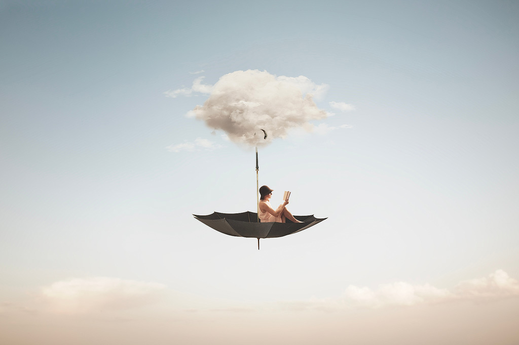 A surreal digital artwork depicting a dream where you fly among the clouds with an upside-down umbrella.