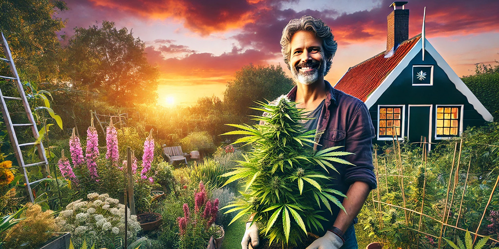 A man proudly shows his cannabis plant in a typical Dutch backyard during a beautiful sunset.